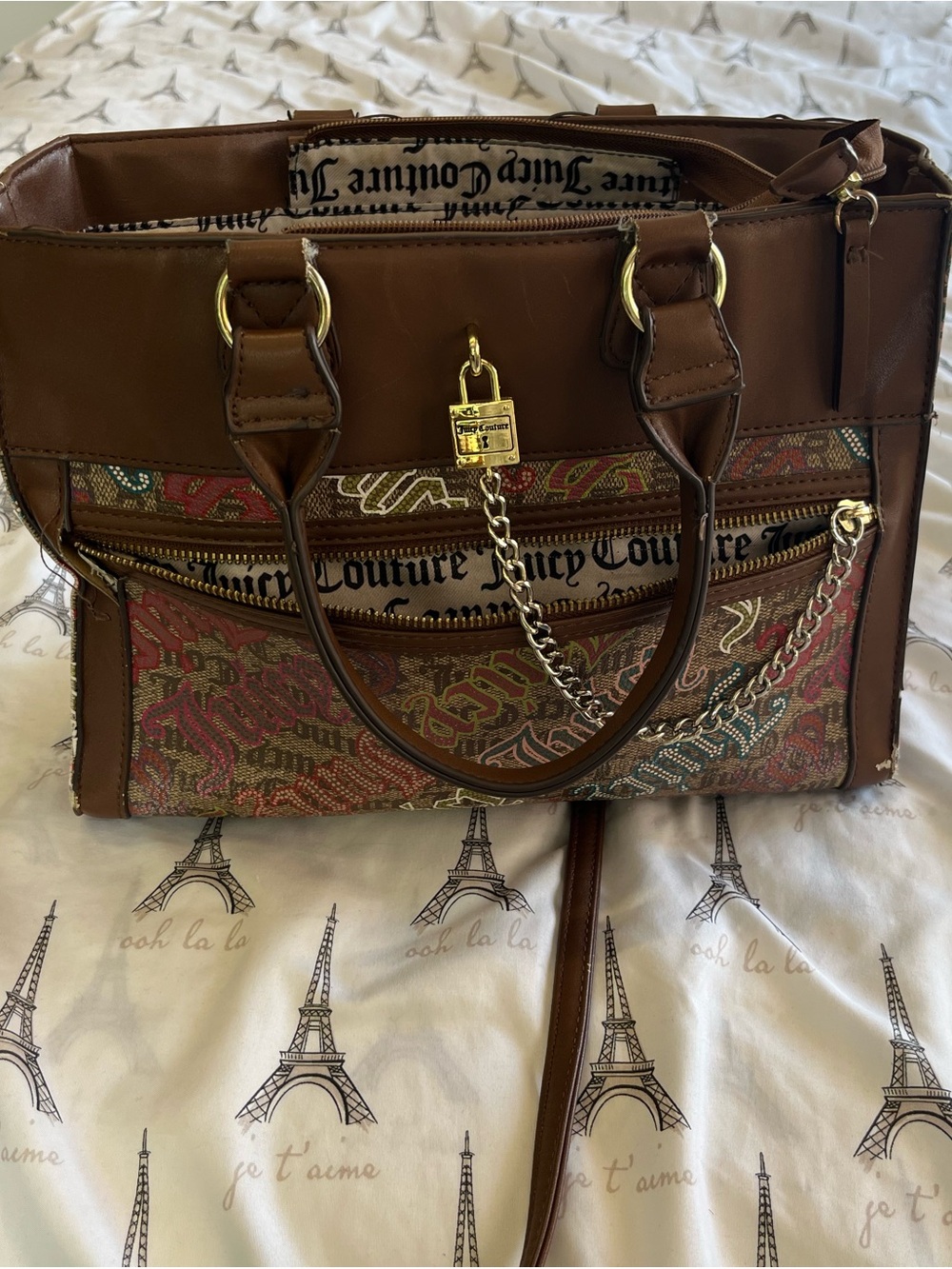 Juicy Couture Brown Multicolor Purse with Gold Chain Accent